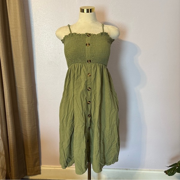 Dresses & Skirts - #0016 Elegant Olive‎ Green Smocked Midi Dress